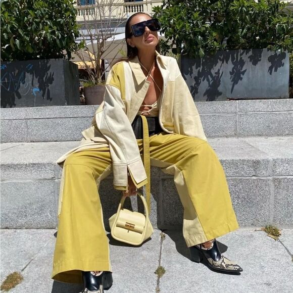 Zara Patchwork Contemporary Cargo Pants Wide Leg Pockets Belt Bohemian - Picture 2 of 16